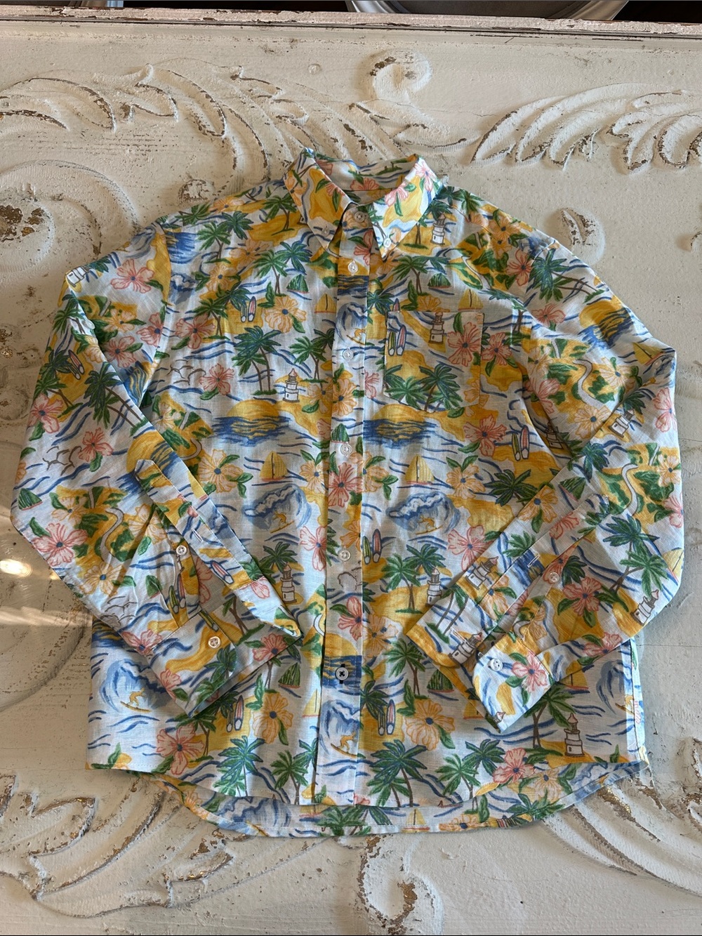 Crewcuts Tropical Floral Button-Up Shirt in Yellow, Green, Pink, Blue- Linen 12